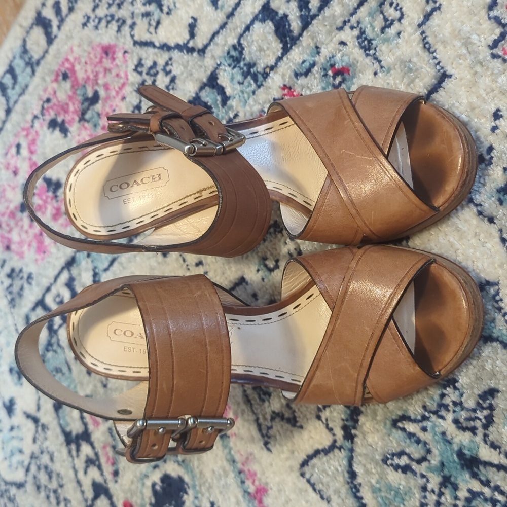 Coach leather high heeled sandals with buckled straps, size 7